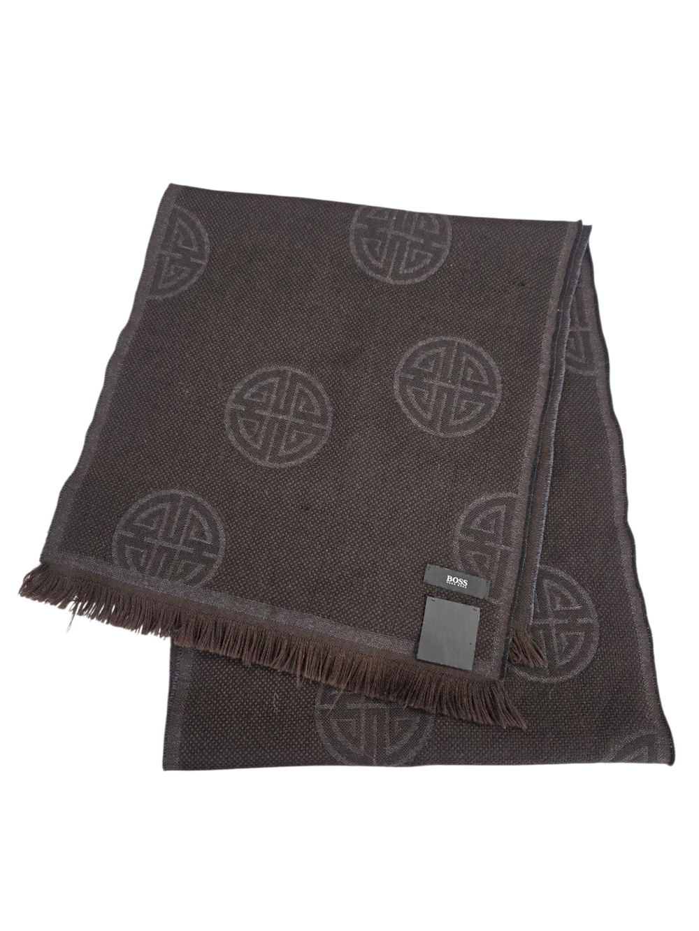 BOSS Men's Dark Brown Patterned Wool-Blend Scarf